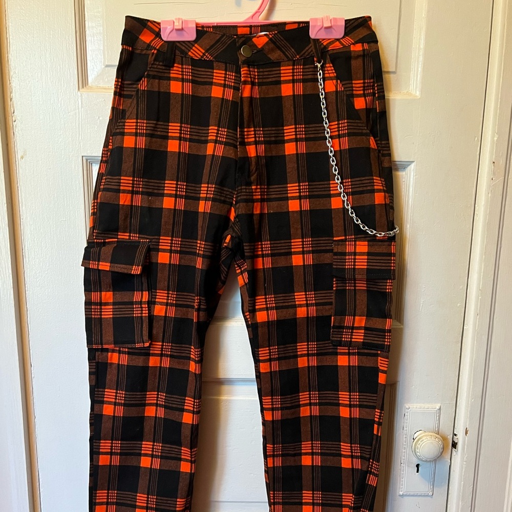 Fashion nova orange and black plaid pants - halloween pants - size l